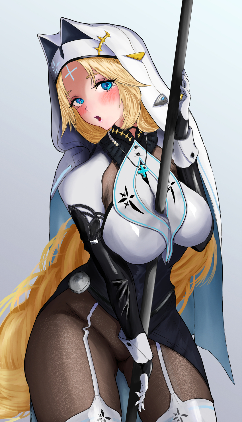 1girl, :o, absurdres, between_breasts, black_robe, blonde_hair, blue_eyes, blush