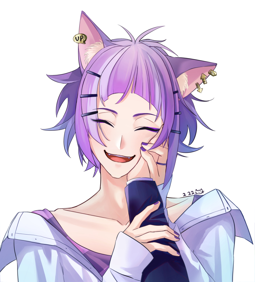 2boys, :d, ^_^, absurdres, aji_(user_dgnn7548), animal_ear_fluff, animal_ear_piercing, animal_ears, arm_grab, arrow_(symbol), cat_ears, che'nya, closed_eyes, collarbone, commentary_request, cut_bangs, dated, divus_crewel, ear_piercing, eyeshadow, fangs, fingernails, hair_ornament, hairclip, hand_on_another's_cheek, hand_on_another's_face, hands_up, highres, jacket, long_sleeves, makeup, male_focus, multicolored_hair, multiple_boys, nail_polish, off_shoulder, open_mouth, piercing, pov, pov_hands, purple_eyeshadow, purple_hair, purple_nails, purple_shirt, shirt, short_hair, sidelocks, simple_background, sleeves_past_wrists, smile, solo_focus, streaked_hair, teeth, twisted_wonderland, upper_body, upper_teeth_only, white_background, white_jacket