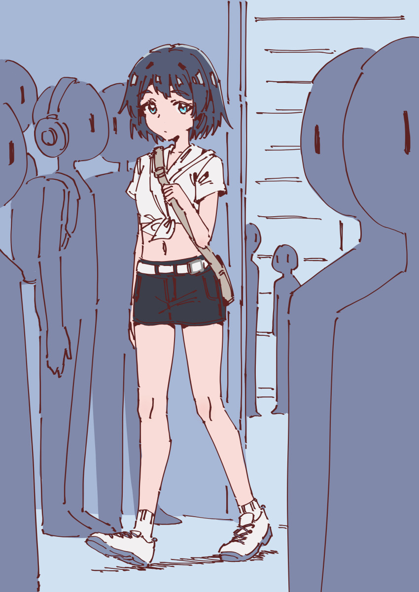 absurdres, bag, belt, black_shorts, blue_eyes, blue_hair, bob_cut, crop_top