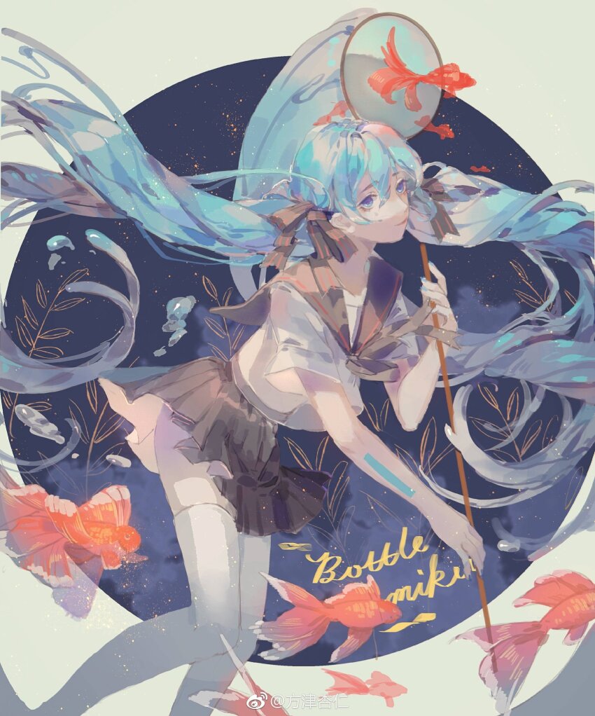 1girl, arm_tattoo, black_bow, black_bowtie, black_sailor_collar, black_skirt, blue_background, blue_eyes