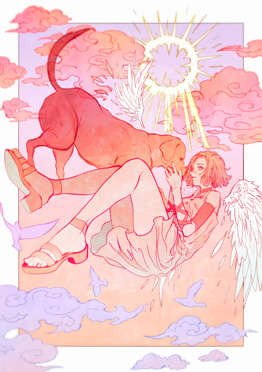 1girl, angel_wings, animal, arm_warmers, arnold_(jojo), bare_shoulders, blurry, border