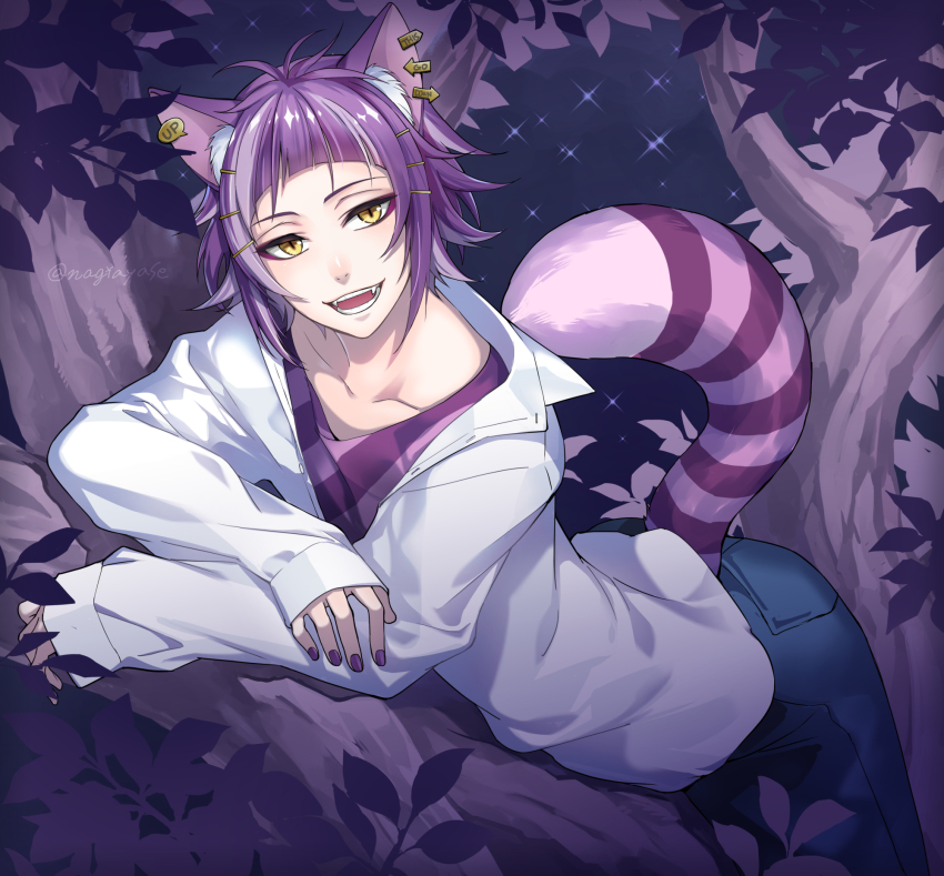 1boy, animal_ear_fluff, animal_ear_piercing, animal_ears, arrow_(symbol), artist_name, black_nails, blue_pants