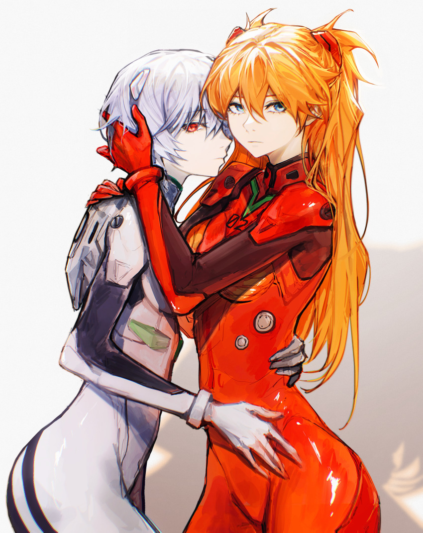 2girls, absurdres, ayanami_rei, blue_eyes, bodysuit, breasts, brown_hair, deka_yo, hair_between_eyes, hair_ornament, hand_on_another's_hip, highres, hug, long_hair, looking_at_viewer, mecha_pilot_suit, medium_breasts, multiple_girls, neon_genesis_evangelion, plugsuit_(evangelion), red_bodysuit, red_eyes, shiny_clothes, short_hair, simple_background, skin_tight, souryuu_asuka_langley, standing, two_side_up, very_long_hair, white_background, white_bodysuit, wide_hips