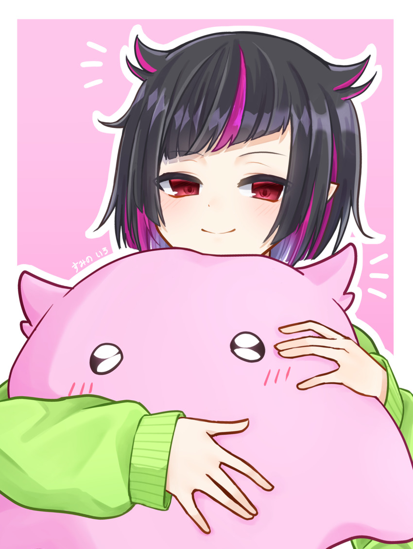 1boy, animal, animal_hug, black_hair, blush, border, closed_mouth, commentary_request, diagonal_bangs, green_sweater, highres, lilia_vanrouge, long_sleeves, looking_at_viewer, male_focus, multicolored_hair, notice_lines, outline, outside_border, pink_background, pink_hair, pointy_ears, red_eyes, short_hair, sidelocks, simple_background, sleeves_past_wrists, smile, solo, streaked_hair, sumino_iro, sweater, twisted_wonderland, umbrella_octopus, upper_body, white_border, white_outline