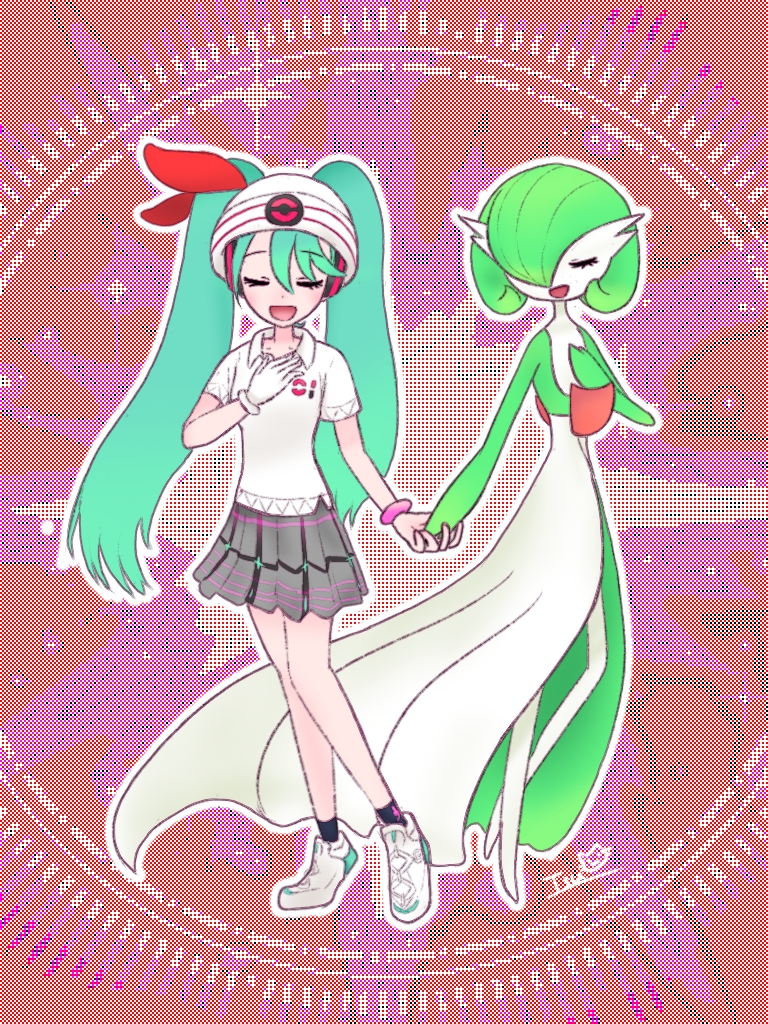 2girls, aqua_hair, artist_name, black_skirt, blush, bob_cut, bracelet, closed_eyes, collared_shirt, colored_skin, facing_viewer, female_focus, flat_chest, full_body, gardevoir, gen_3_pokemon, gloves, green_hair, green_skin, hair_between_eyes, hair_over_one_eye, hand_on_own_chest, hand_up, happy, hatsune_miku, heel_up, helmet, holding_hands, jewelry, kitsune_neko_tsuu, knees_together_feet_apart, light_blush, long_hair, miniskirt, multicolored_background, multicolored_skin, multiple_girls, nintendo, no_feet, one_eye_covered, open_mouth, outline, pleated_skirt, poke_ball_symbol, pokemon, pokemon_(creature), project_voltage, psychic_miku_(project_voltage), shirt, shoes, short_hair, short_sleeves, signature, single_glove, skirt, smile, standing, twintails, two-tone_skin, u_u, vocaloid, white_footwear, white_gloves, white_headwear, white_outline, white_shirt, white_skin