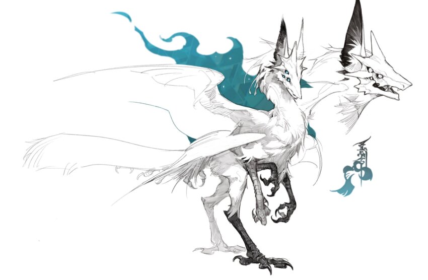 animal_ear_fluff, animal_ears, animal_focus, blue_eyes, claws, commentary, extra_eyes, fangs, feathered_wings, from_side, full_body, highres, horns, microw, monster, multiple_legs, no_humans, open_mouth, original, simple_background, solo, standing, untranslatable_commentary, tail, talons, unfinished, white_background, wings