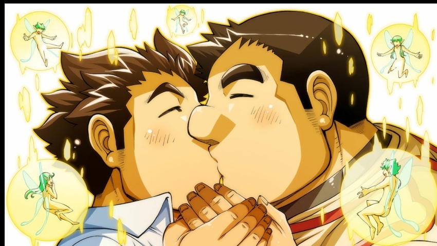 2boys, aura, bara, black_border, blush, bombom, border, brown_hair