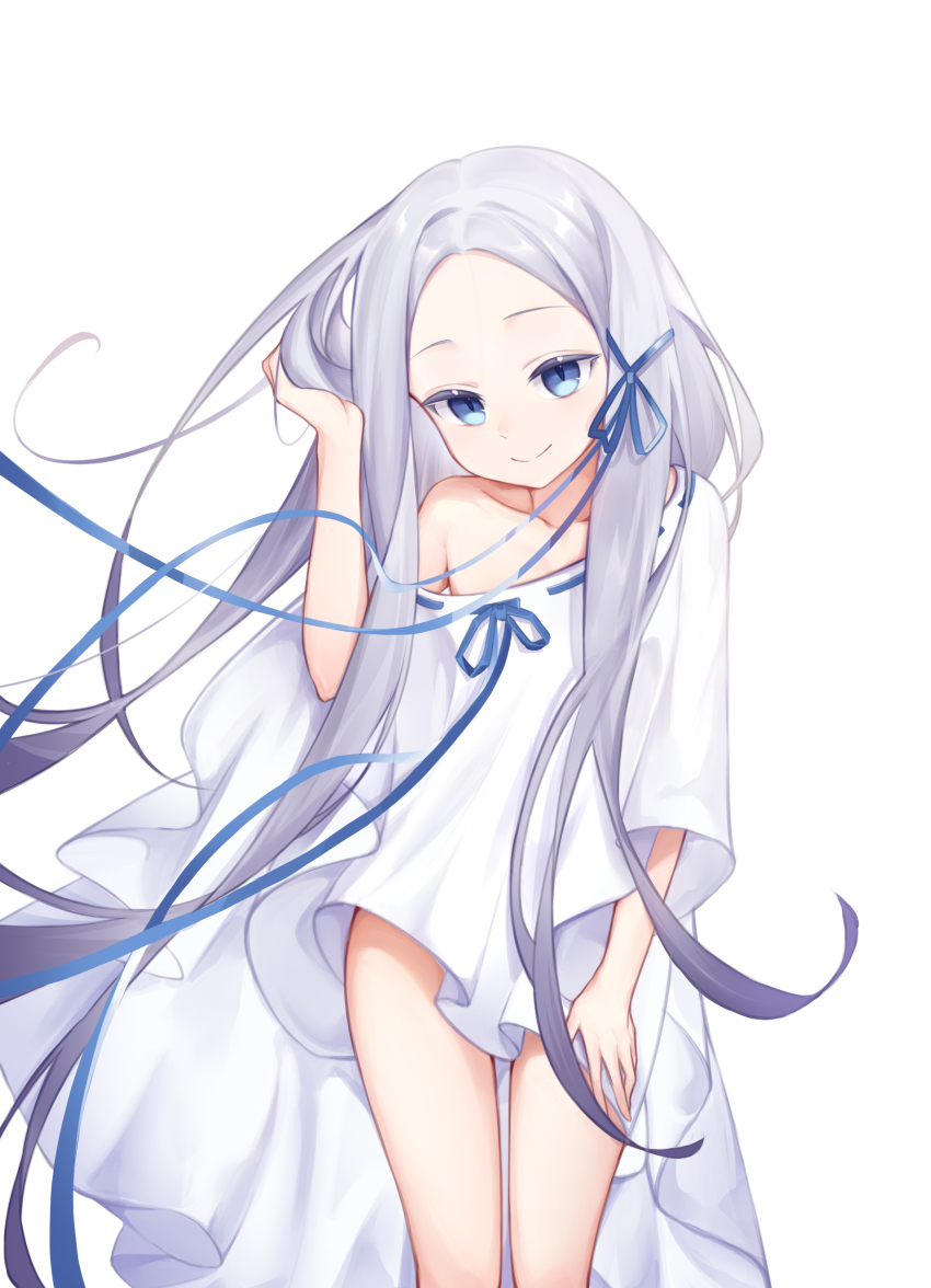 1girl, absurdres, blue_eyes, blue_ribbon, closed_mouth, collarbone, colored_eyelashes, commentary_request