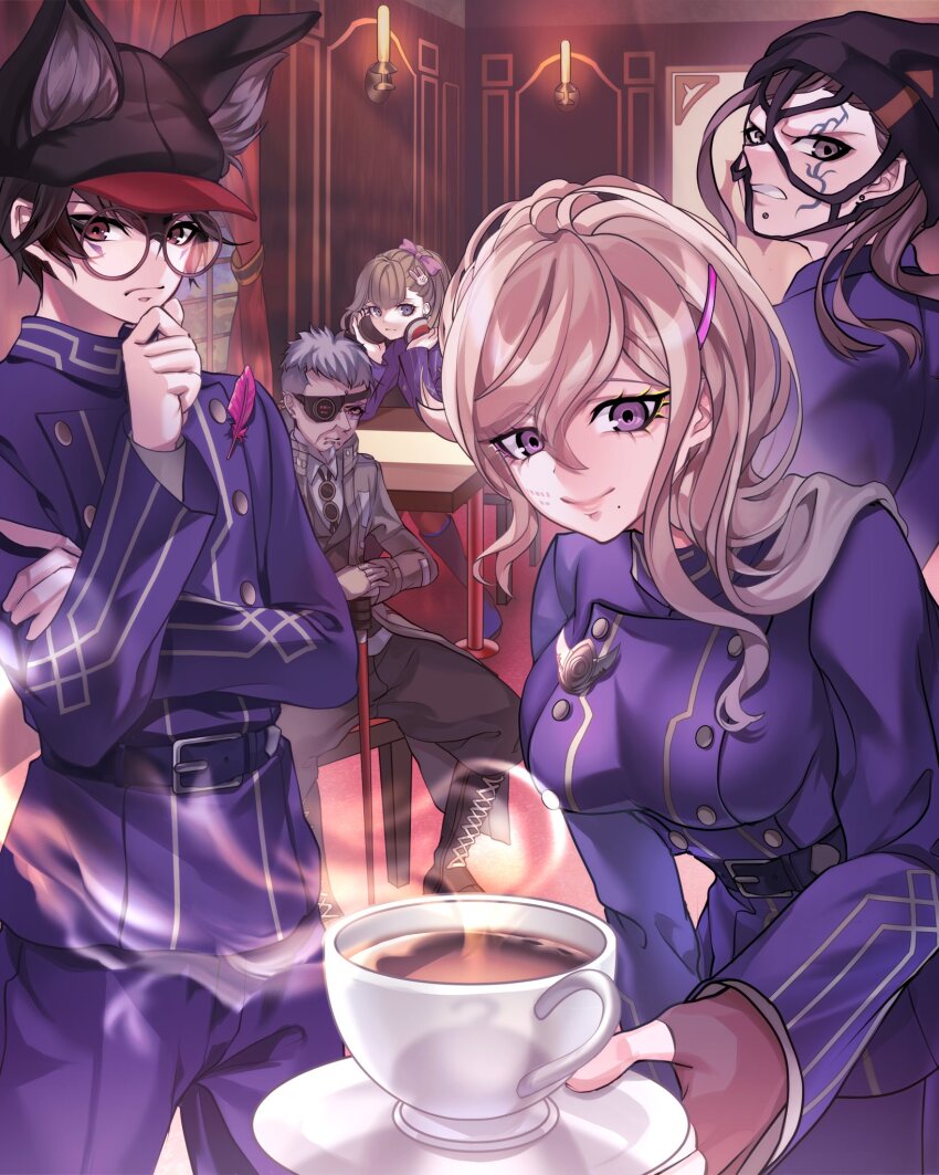 2girls, 3boys, animal_ears, animal_hat, aphex_logan, asymmetrical_hair, beanie, belt