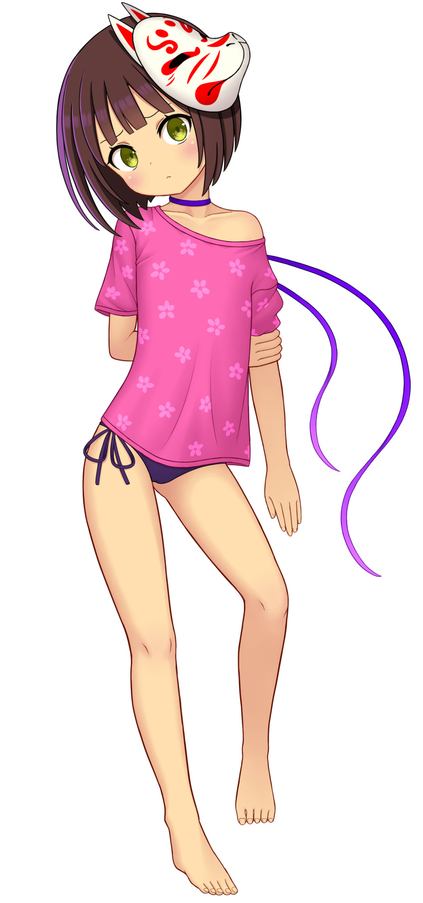 1girl, absurdres, ami_(ammy33), arm_behind_back, bare_legs, barefoot, bikini, bikini_bottom_only, brown_hair, choker, etrian_odyssey, female_focus, fox_mask, full_body, green_eyes, highres, loli, looking_at_viewer, mask, mask_on_head, ninja, pink_shirt, purple_bikini, purple_choker, sekaiju_no_meikyuu, sekaiju_no_meikyuu_3, shinobi_(sekaiju), shinobi_4_(sekaiju), shirt, short_hair, side-tie_bikini_bottom, simple_background, solo, swimsuit, white_background