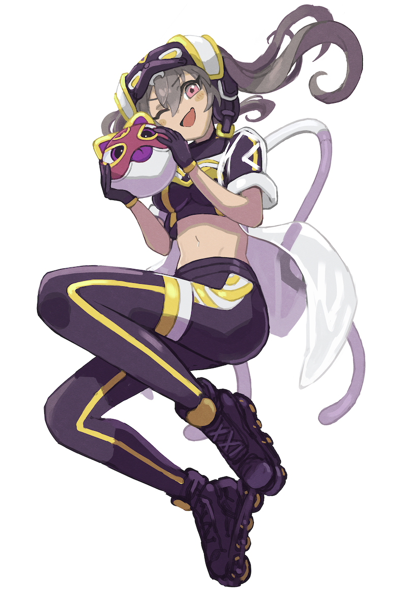 1girl, blush, breasts, brown_hair, cat_mask, duel_monster, em:p_meowmine, gloves