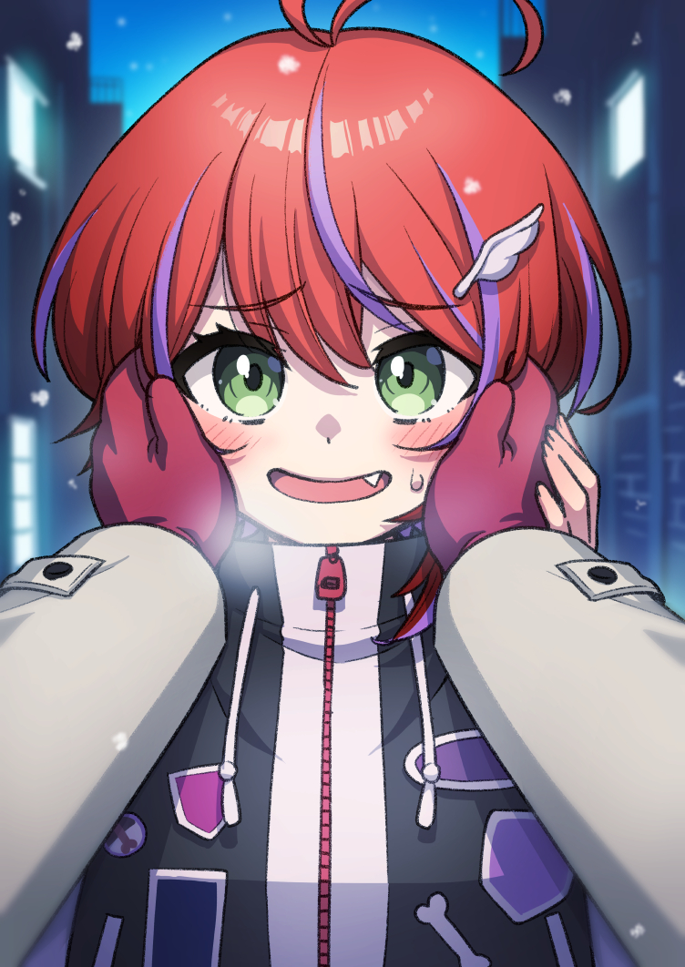 2girls, akane_canna, akane_canna_(2nd_costume), antenna_hair, black_coat, blue_sky, blurry, blurry_background, blush, coat, commentary_request, fang, feather_hair_ornament, feathers, female_pov, green_eyes, hair_between_eyes, hair_ornament, heebee, long_sleeves, looking_at_viewer, meme, mittens, multicolored_coat, multicolored_hair, multiple_girls, nanashi_inc., night, official_alternate_costume, open_mouth, outdoors, patch, pov, pov_cheek_warming_(meme), pov_hands, purple_hair, red_hair, red_mittens, short_hair, sky, smile, streaked_hair, suzumi_nemo, two-tone_coat, two-tone_hair, upper_body, virtual_youtuber, white_coat