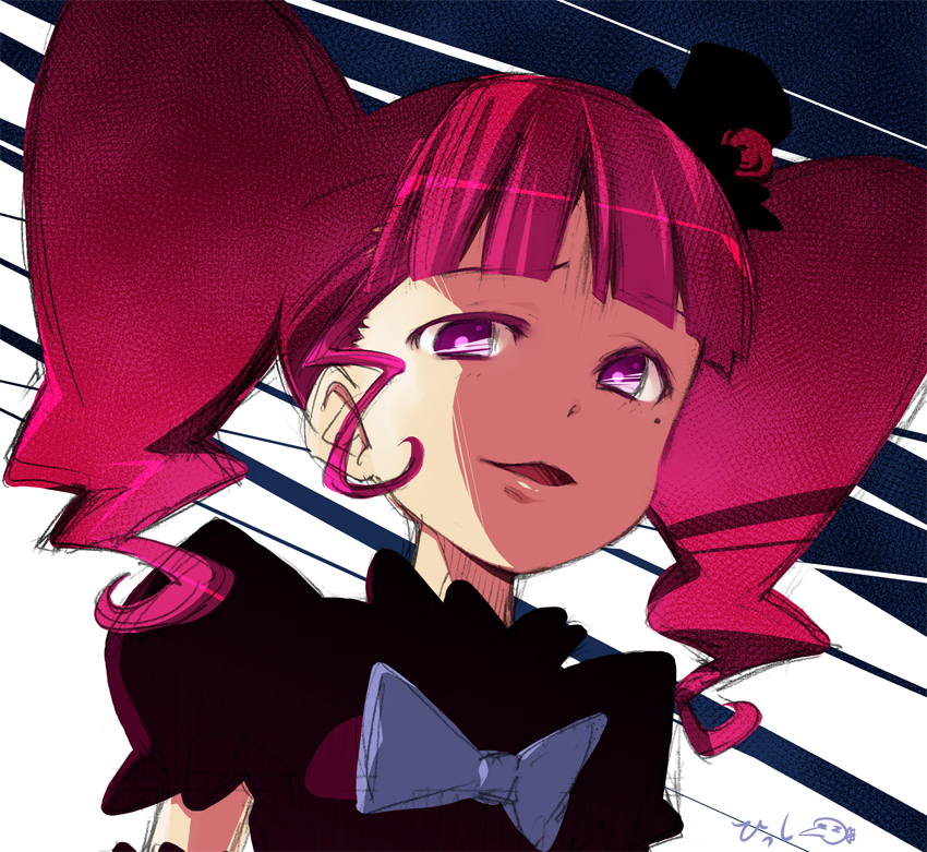 00s, 1girl, :d, bad_id, bad_pixiv_id, blunt_bangs, bow, bowtie