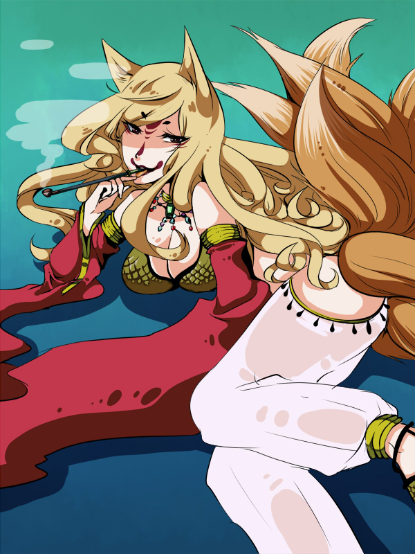 1girl, animal_ears, bikini, blonde_hair, blue_background, breasts, brown_eyes, cleavage, commentary_request, detached_sleeves, facepaint, feet_out_of_frame, flowery_peko, fox_ears, fox_girl, fox_tail, gem, gradient_background, gypsy_(ragnarok_online), jewelry, kiseru, kitsune, large_breasts, long_hair, looking_at_viewer, lying, multiple_tails, necklace, on_side, open_mouth, pants, ragnarok_online, red_sleeves, sequins, shaded_face, short_eyebrows, sidelocks, smile, smoke, smoking, smoking_pipe, solo, strapless, strapless_bikini, swept_bangs, swimsuit, tail, wavy_hair, white_pants, wide_sleeves, yellow_bikini