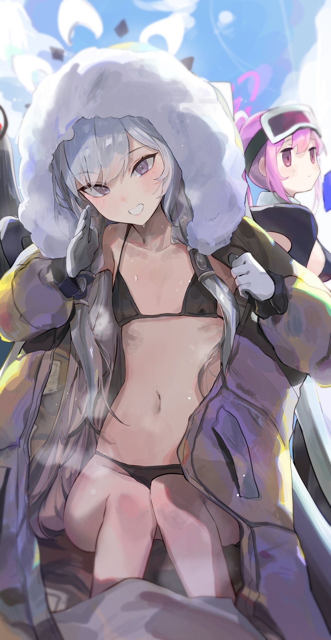 3girls, bikini, black_bikini, black_hair, blance, blue_archive, blush, breasts