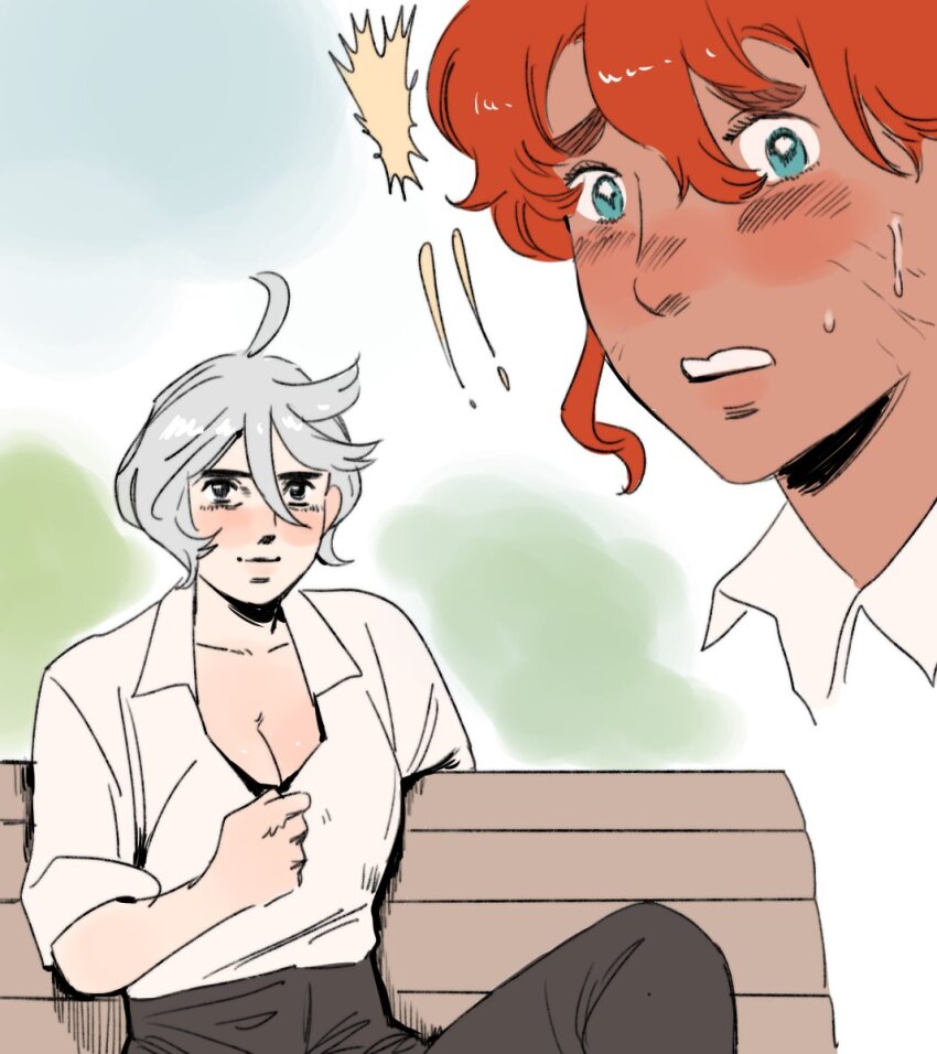 2girls, ahoge, bench, blush, breasts, cleavage, crossover, dark-skinned_female