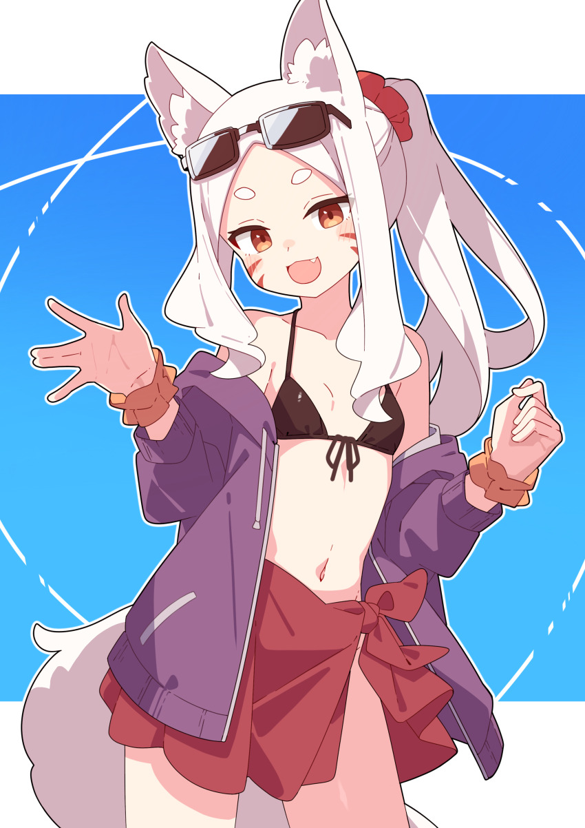 1girl, :d, \||/, absurdres, animal_ear_fluff, animal_ears, bare_shoulders, bikini, bikini_top_only, black_bikini, blush, collarbone, commission, commissioner_upload, contrapposto, cowboy_shot, eyewear_on_head, facial_mark, fang, fox_ears, fox_girl, fox_tail, front-tie_bikini_top, front-tie_top, halterneck, hand_up, high_ponytail, highres, hood, hood_down, hoodie, loli, long_hair, long_sleeves, looking_at_viewer, mikokomiyazawa, navel, no_panties, off_shoulder, open_clothes, open_mouth, parted_bangs, ponytail, red_eyes, red_sarong, sarong, scrunchie, sewayaki_kitsune_no_senko-san, shiro_(sewayaki_kitsune_no_senko-san), short_eyebrows, sidelocks, skeb_commission, smile, solo, sunglasses, swimsuit, tail, thick_eyebrows, v-shaped_eyebrows, waving, whisker_markings, white_hair, white_tail, wrist_scrunchie