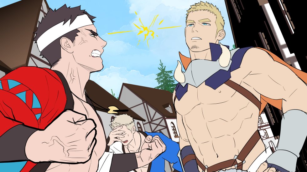 3boys, abs, angry, bara, black_hair, blonde_hair, clenched_teeth, cloud