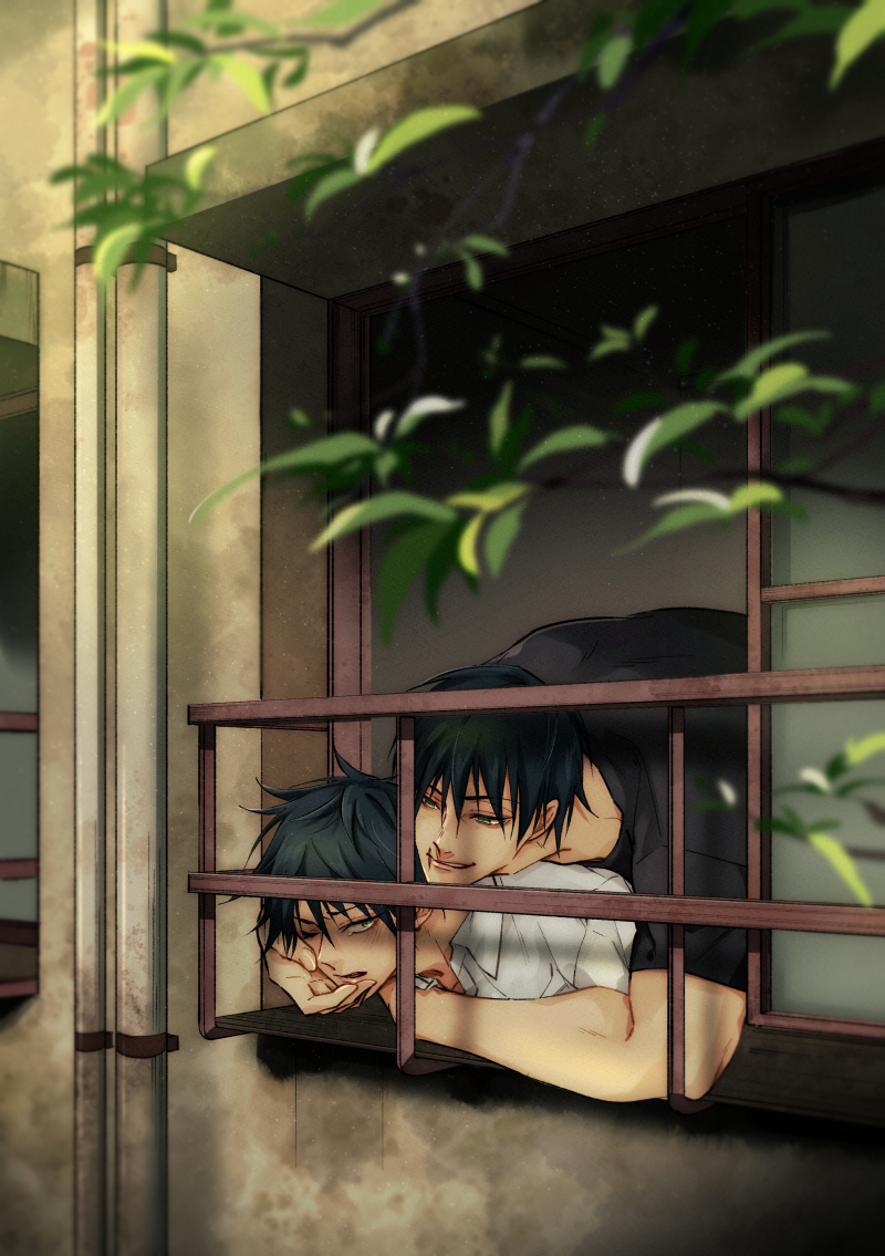 2496oyakodon, 2boys, age_difference, black_hair, black_shirt, chibi, chibi_inset, couple, day, eye_contact, father_and_child, father_and_son, fushiguro_megumi, fushiguro_toji, green_eyes, hands_on_another's_face, hug, hug_from_behind, incest, jujutsu_kaisen, leaning_out_of_window, looking_at_another, male_focus, mature_male, multiple_boys, muscular, muscular_male, one_eye_closed, parent_and_child, scar, scar_on_face, scar_on_mouth, shirt, short_hair, size_difference, smile, tree, upper_body, white_shirt, yaoi