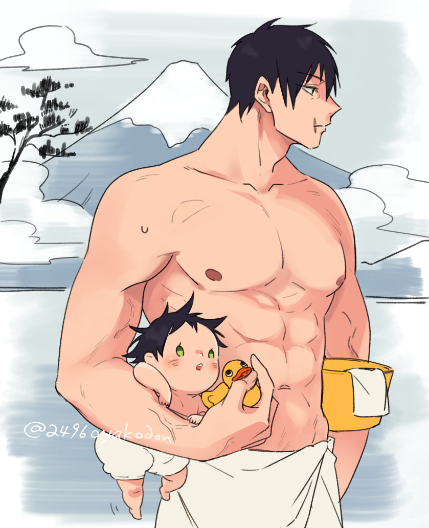 2496oyakodon, abs, baby, bara, black_hair, bucket, carrying, carrying_person