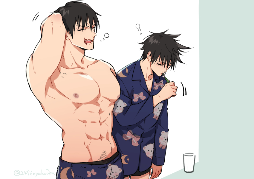 2496oyakodon, 2boys, abs, age_difference, arm_behind_head, armpits, bara, black_hair