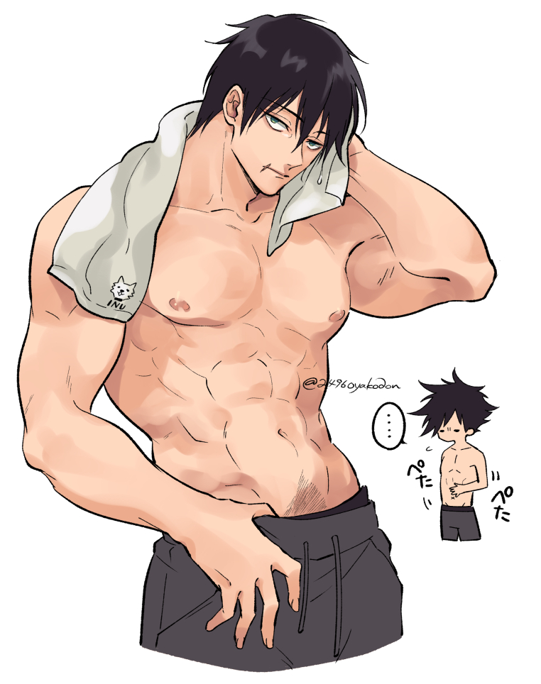 ..., 2496oyakodon, 2boys, abs, bara, black_hair, black_male_underwear, closed_mouth