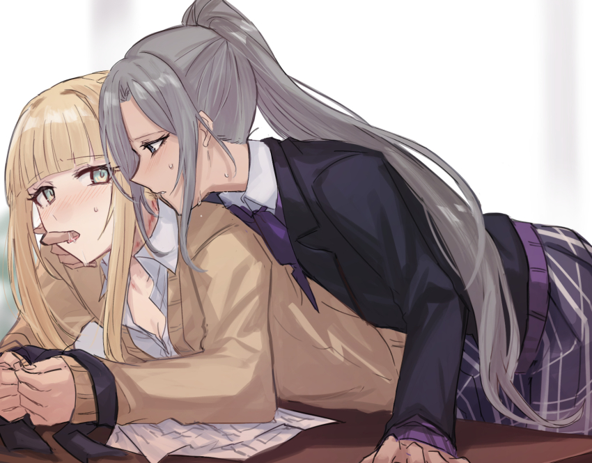 2girls, aoki_shizumi, bite_mark, bite_mark_on_neck, black_jacket, blazer, blonde_hair, blush