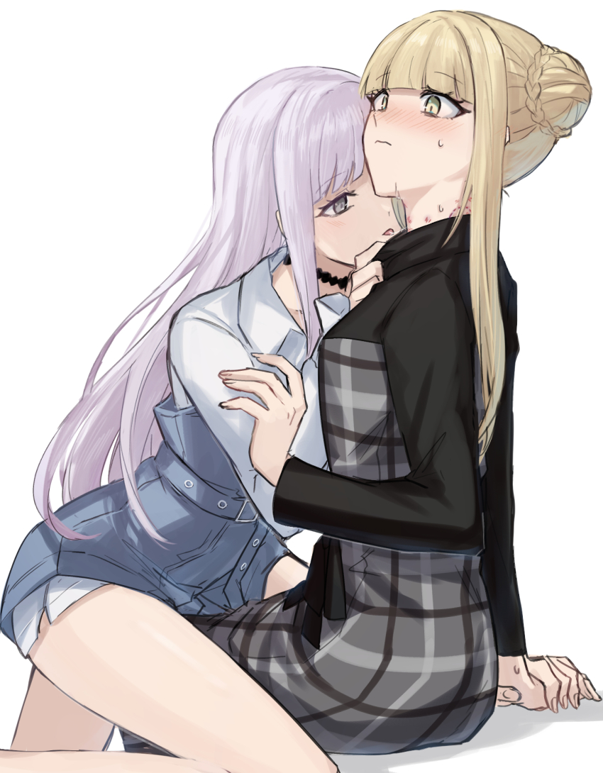 2girls, aoki_shizumi, bite_mark, bite_mark_on_neck, black_shirt, blonde_hair, blush, braid