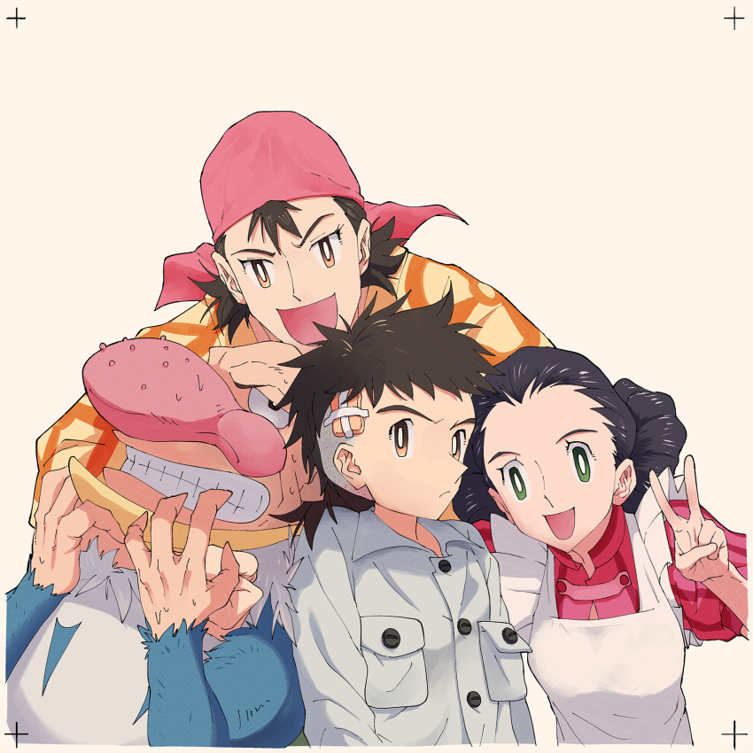 2boys, 2girls, :d, aosagi_(kimitachi_wa_dou_ikiru_ka), bald, bandana, large_nose, black_hair