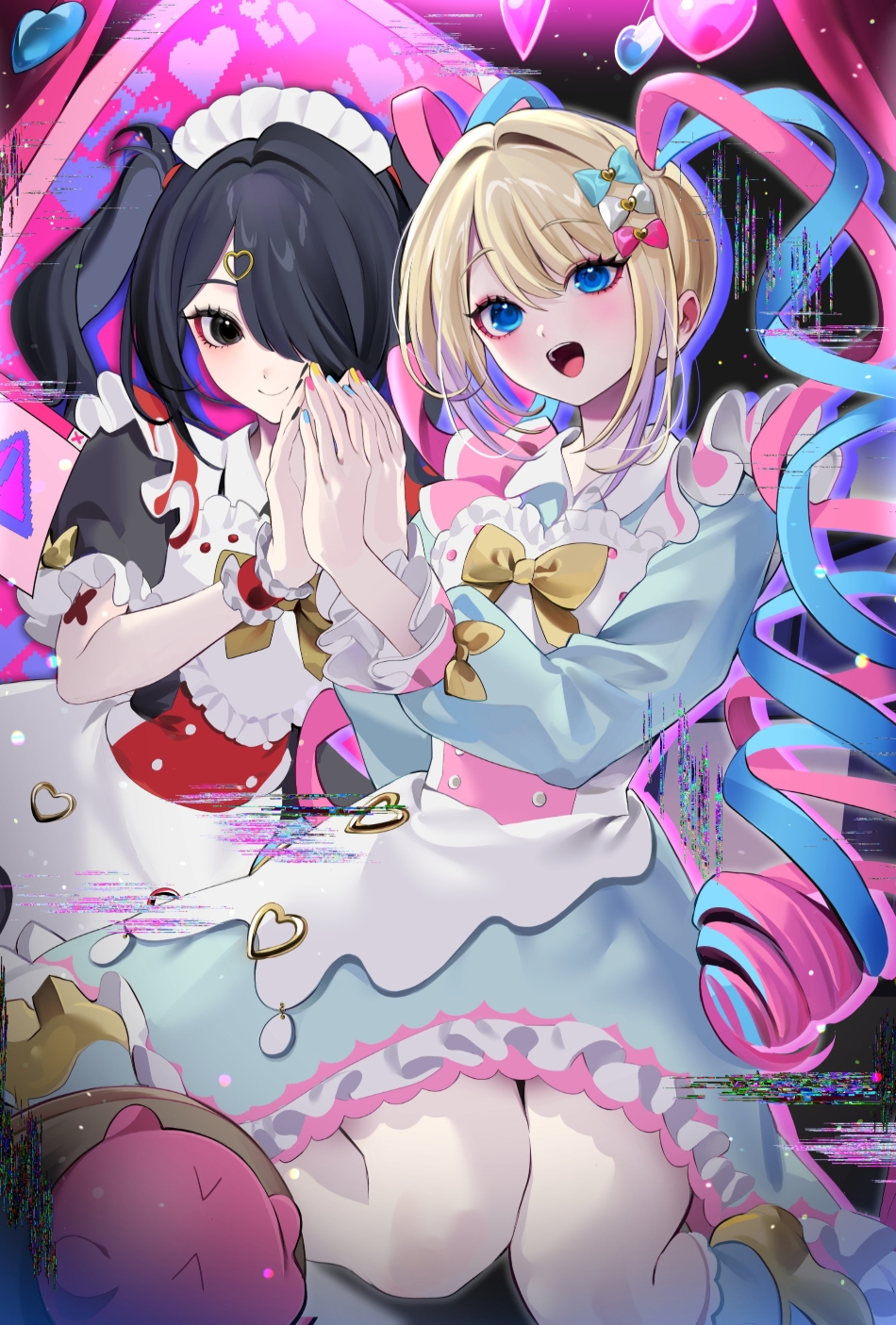 1girl, :d, ame-chan_(needy_girl_overdose), black_eyes, black_hair, blue_dress, blue_eyes, blue_nails