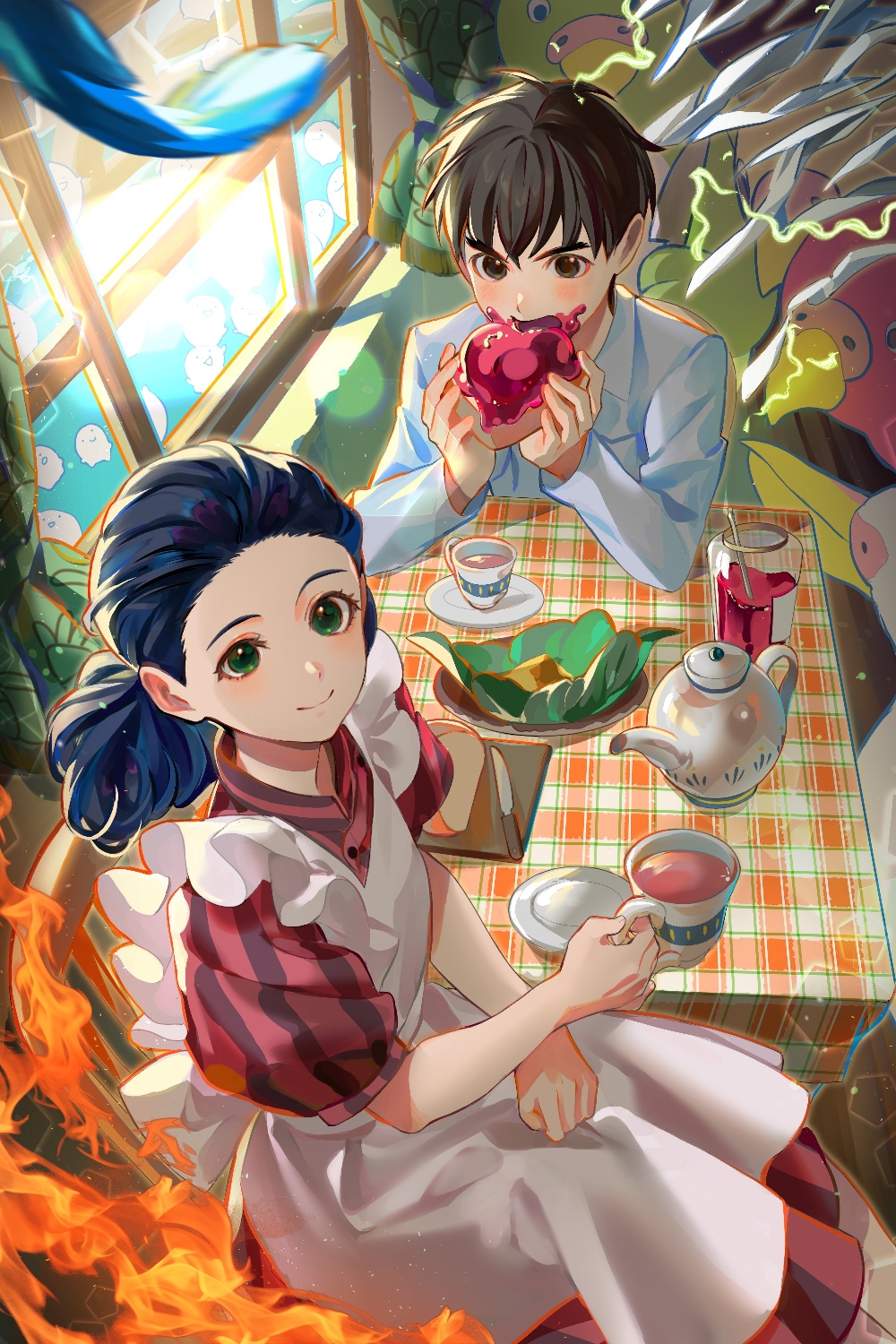 1boy, 1girl, apron, bird, black_hair, bread, bread_slice, brown_eyes