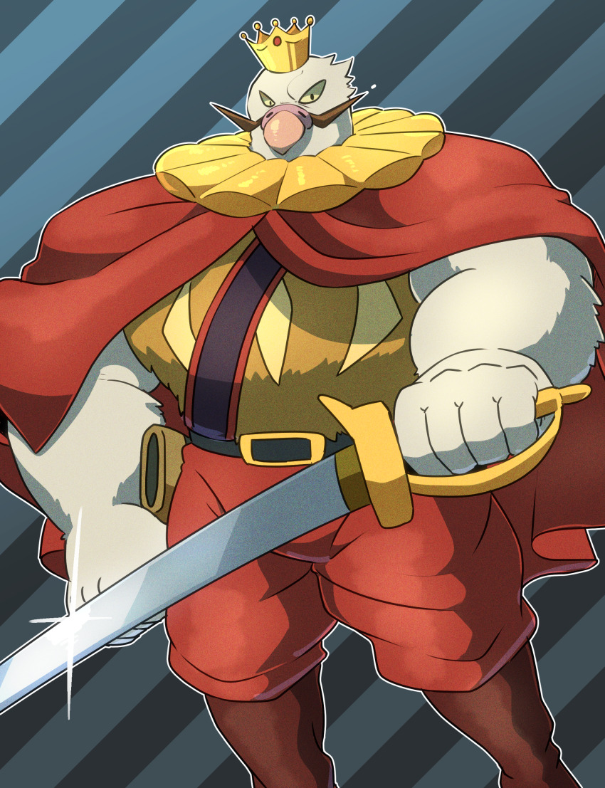 1boy, absurdres, belt, bird, boots, brown_footwear, cape, crown, diagonal_stripes, facial_hair, furry, glint, highres, holding, holding_sword, holding_weapon, inko_daiou, kimitachi_wa_dou_ikiru_ka, looking_at_viewer, male_focus, mustache, pants, red_cape, red_pants, sharkinn, standing, striped_background, sword, weapon
