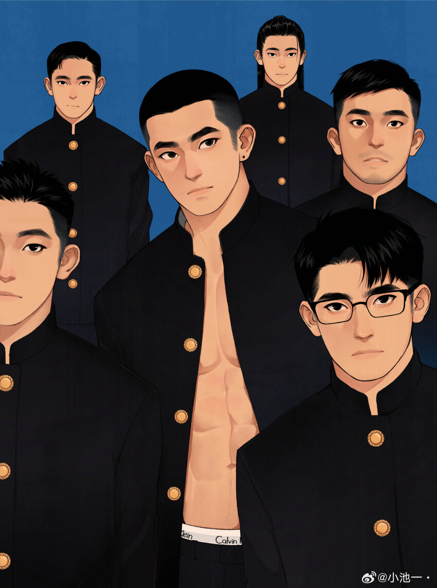 6+boys, abs, absurdres, beard_stubble, black-framed_eyewear, black_eyes, black_hair, black_jacket