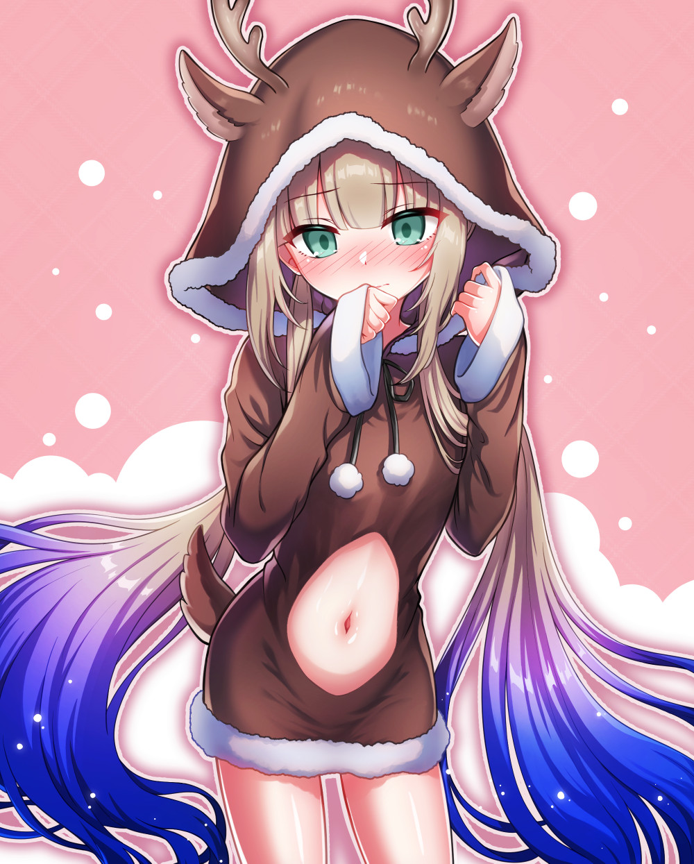 1boy, animal_costume, animal_hood, antlers, blue_hair, blush, captain_nemo_(fate), clothing_cutout