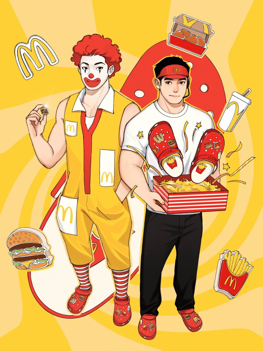 2boys, afro, badge, black_hair, black_pants, box, burger, button_badge