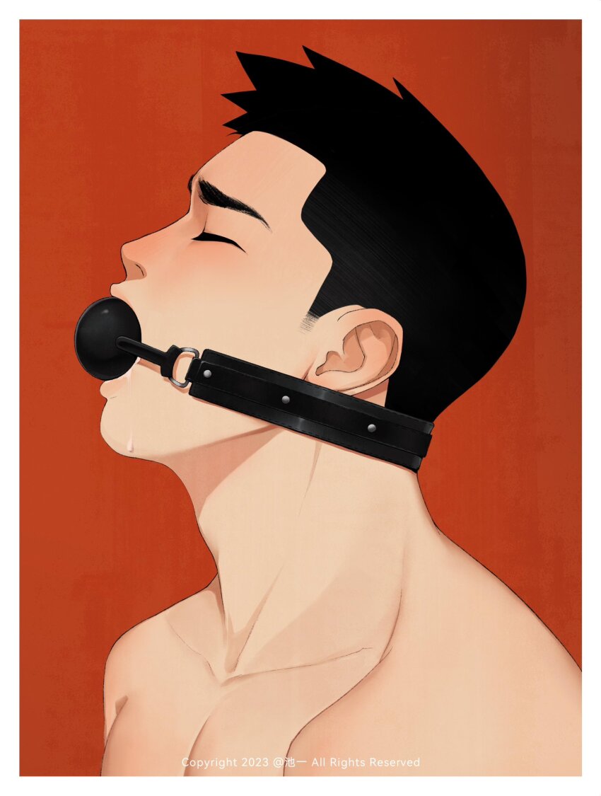 1boy, ball_gag, bara, bdsm, black_hair, chioneoc, closed_eyes, drooling, gag, gagged, highres, male_focus, original, pectoral_cleavage, pectorals, portrait, profile, red_background, saliva, short_hair, simple_background, solo, topless_male