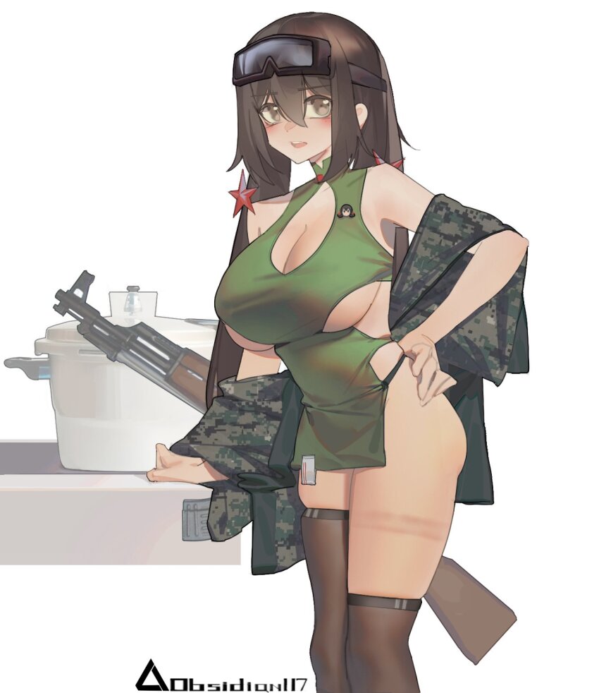 1girl, artist_name, assault_rifle, asymmetrical_legwear, blush, breasts, brown_eyes, brown_hair