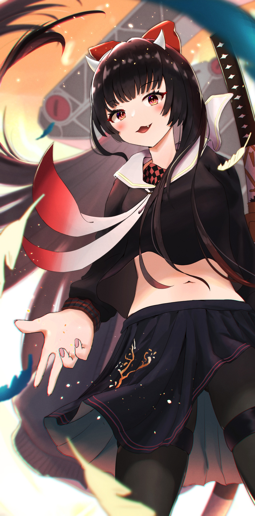 1girl, absurdres, azur_lane, black_cardigan, black_hair, black_pantyhose, black_skirt, bow
