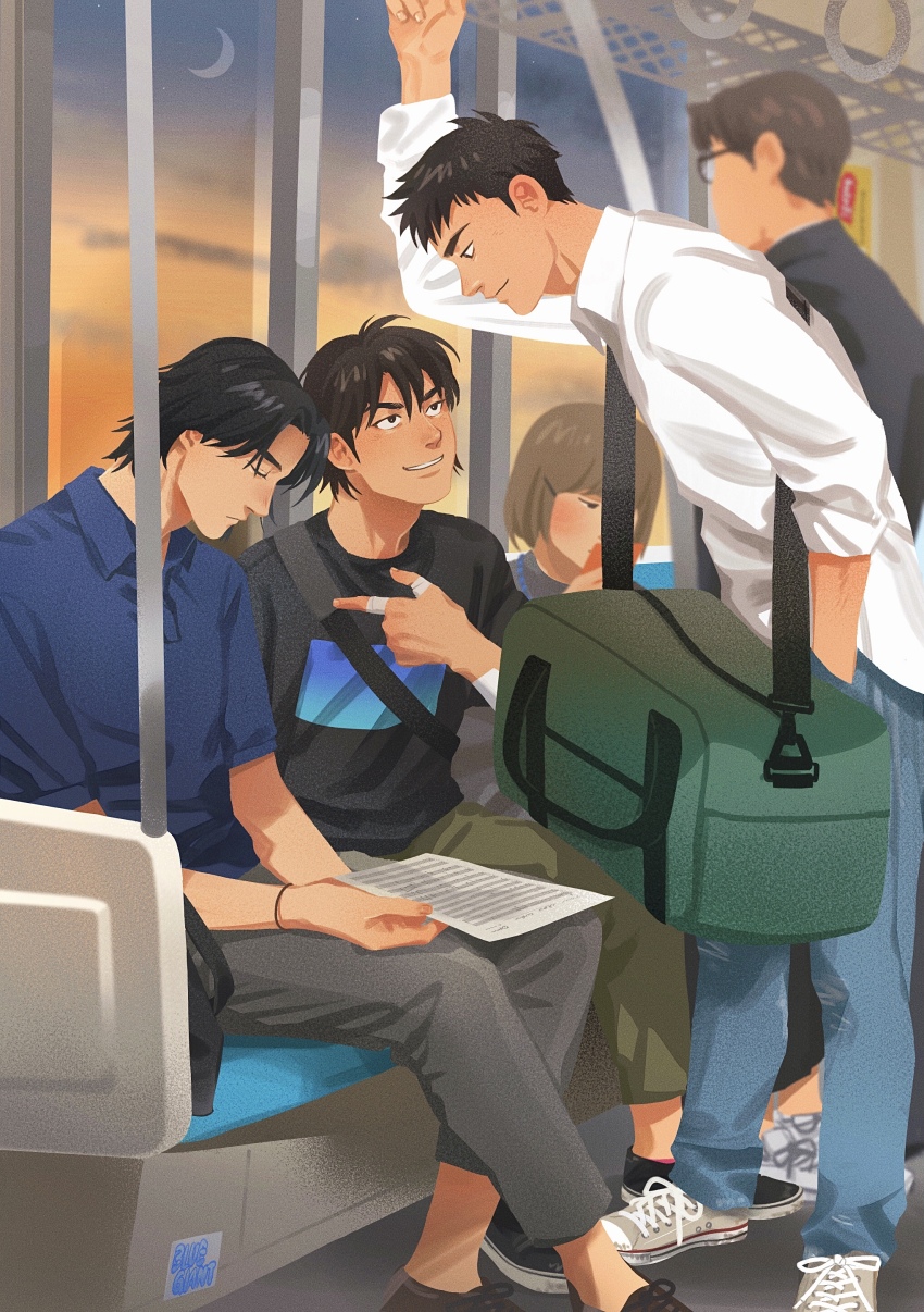 1girl, 4boys, absurdres, bag, bandaid, bandaid_on_arm, black_hair, blue_giant, blue_shirt, brown_pants, copyright_name, crescent_moon, denim, duffel_bag, eye_contact, grey_pants, hand_in_pocket, highres, jeans, looking_at_another, miyamoto_dai, moon, multiple_boys, pants, paper, sawabe_yukinori, shirt, shoes, short_hair, shunji_tamada, sneakers, t-shirt, thick_eyebrows, train_interior, tzpx7253, white_shirt, window