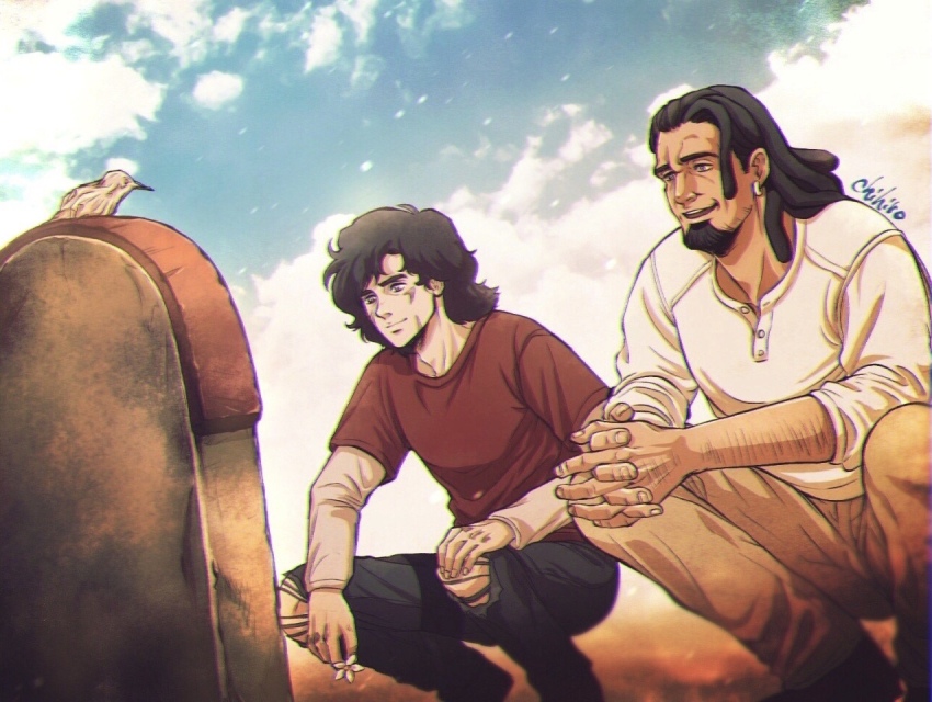 2boys, arm_hair, artist_name, beard, bird, black_hair, black_pants, brown_pants