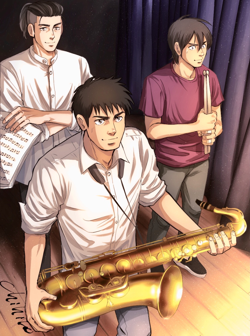 3boys, artist_name, bandaid, bandaid_on_hand, blue_giant, brown_hair, chihiro_(jnkch6), curtains