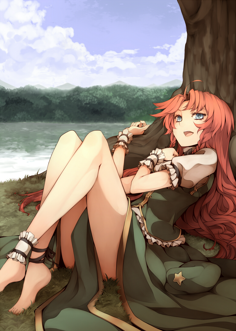 1girl, against_tree, ahoge, ankle_cuffs, ankle_ribbon, barefoot, beret, blue_eyes, braid, feet, female_focus, grass, hat, unworn_hat, unworn_headwear, hong_meiling, leg_ribbon, legs, long_hair, red_hair, ribbon, sitting, smile, solo, star_(symbol), touhou, tree, twin_braids, uruu_gekka, wrist_cuffs