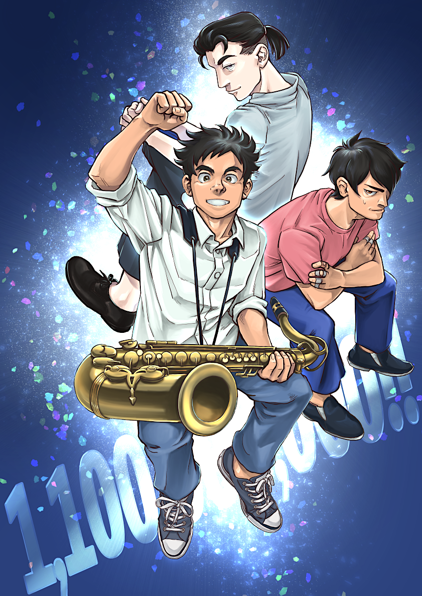 3boys, aobayama_noboru, bandaid, bandaid_on_hand, black_footwear, black_hair, black_pants, blue_background