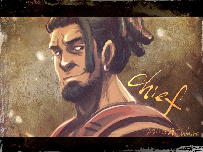 1boy, artist_name, beard, black_eyes, brown_hair, character_name, chief_(megalo_box), chihiro_(jnkch6)