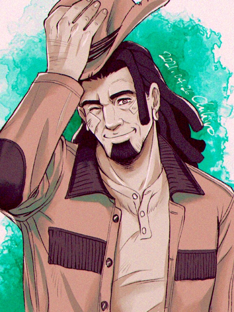 1boy, artist_name, bandaid, bandaid_on_face, beard, brown_hat, brown_jacket, chief_(megalo_box), chihiro_(jnkch6), dated, dreadlocks, facial_hair, hand_up, hat, jacket, long_hair, looking_at_viewer, megalobox, one_eye_closed, shirt, solo, unworn_hat, unworn_headwear, upper_body, white_shirt