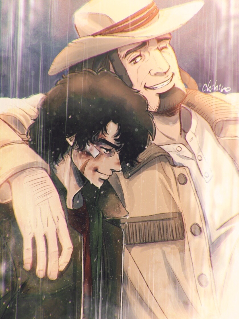 2boys, artist_name, bandaid, bandaid_on_face, beard, black_hair, brown_eyes, brown_jacket