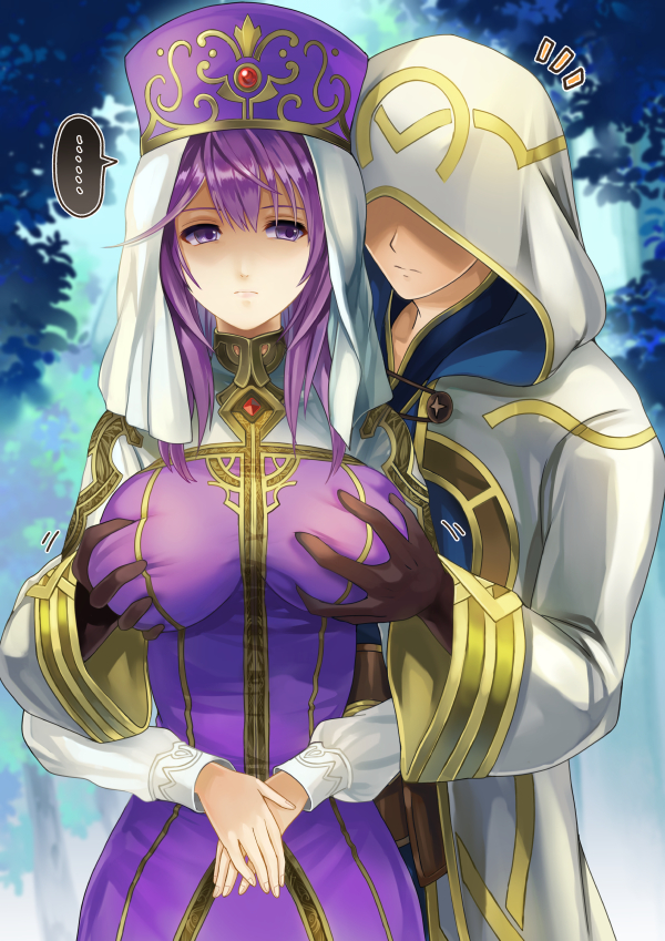 1boy, 1girl, akuru_(akr369akr), breasts, commission, dress, eremiya_(fire_emblem), fire_emblem, fire_emblem:_new_mystery_of_the_emblem, fire_emblem_heroes, grabbing_another's_breast, groping, hetero, hood, hood_up, hooded_robe, kiran_(fire_emblem), male_kiran_(fire_emblem), large_breasts, long_dress, nintendo, purple_dress, purple_hair, purple_headwear, robe, skeb_commission, veil, white_veil