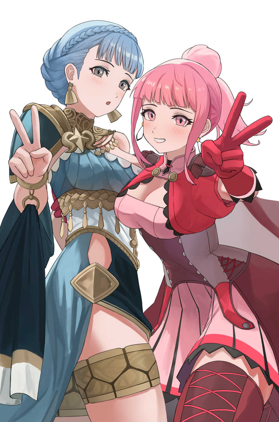 2girls, alternate_costume, belt, blue_hair, bracelet, braid, breasts, cleavage, crest_of_the_beast, crown_braid, dancer, dancer_(fire_emblem:_three_houses), dress, earrings, female_focus, fire_emblem, fire_emblem:_three_houses, fire_emblem_heroes, fire_emblem_warriors:_three_hopes, gloves, gold_belt, highres, hilda_valentine_goneril, hoop_earrings, jewelry, large_breasts, marianne_von_edmund, marianne_von_edmund_(serene_adherent), marianne_von_edmund_(timeskip), matching_hair/eyes, multiple_girls, nintendo, official_alternate_costume, official_alternate_hairstyle, pearlbbbb, pelvic_curtain, pink_eyes, pink_hair, red_gloves, single-shoulder_dress, v