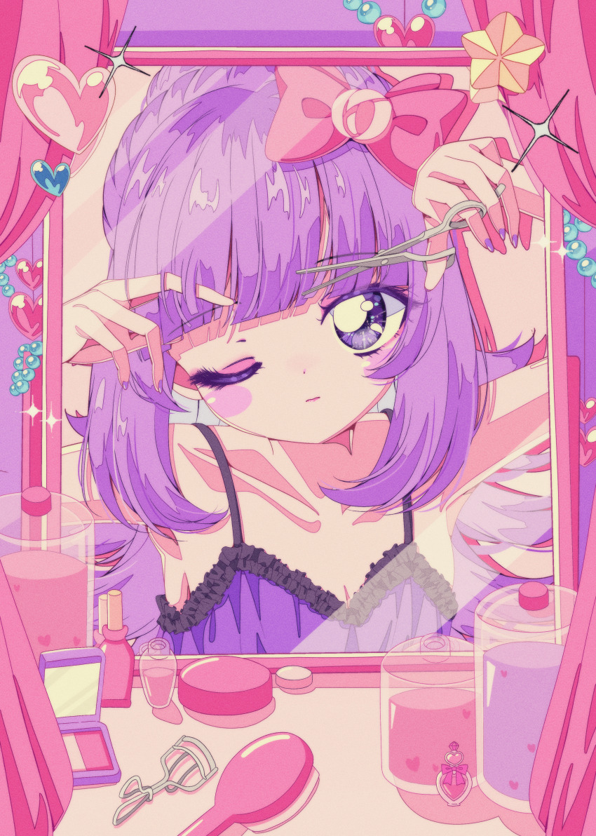 1girl, absurdres, babydoll, bare_shoulders, blunt_bangs, bottle, bow, breasts