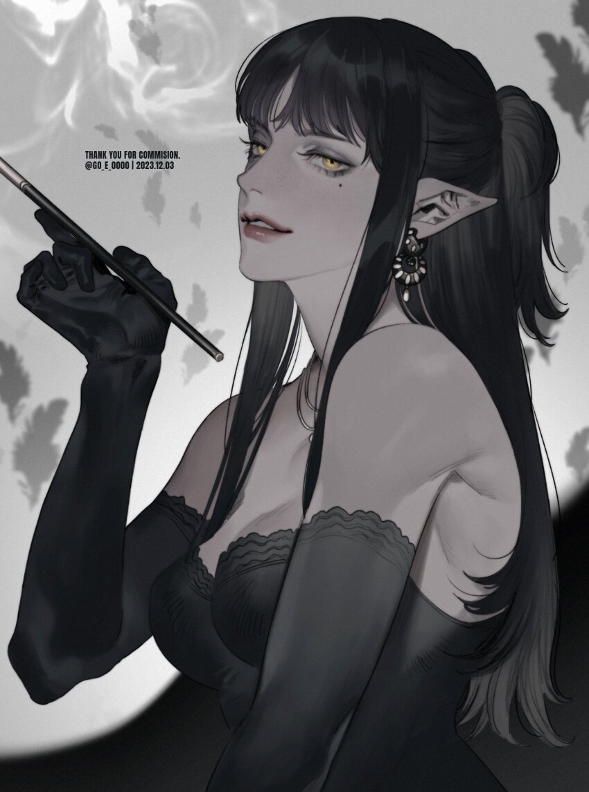 1girl, absurdres, black_dress, black_gloves, black_hair, dress, earrings, elbow_gloves, elezen, elf, eyeshadow, final_fantasy, final_fantasy_xiv, gloves, go_e_0000, grey_eyeshadow, half_updo, highres, holding, jewelry, long_hair, makeup, mole, mole_under_eye, pointy_ears, sidelocks, solo, yellow_eyes